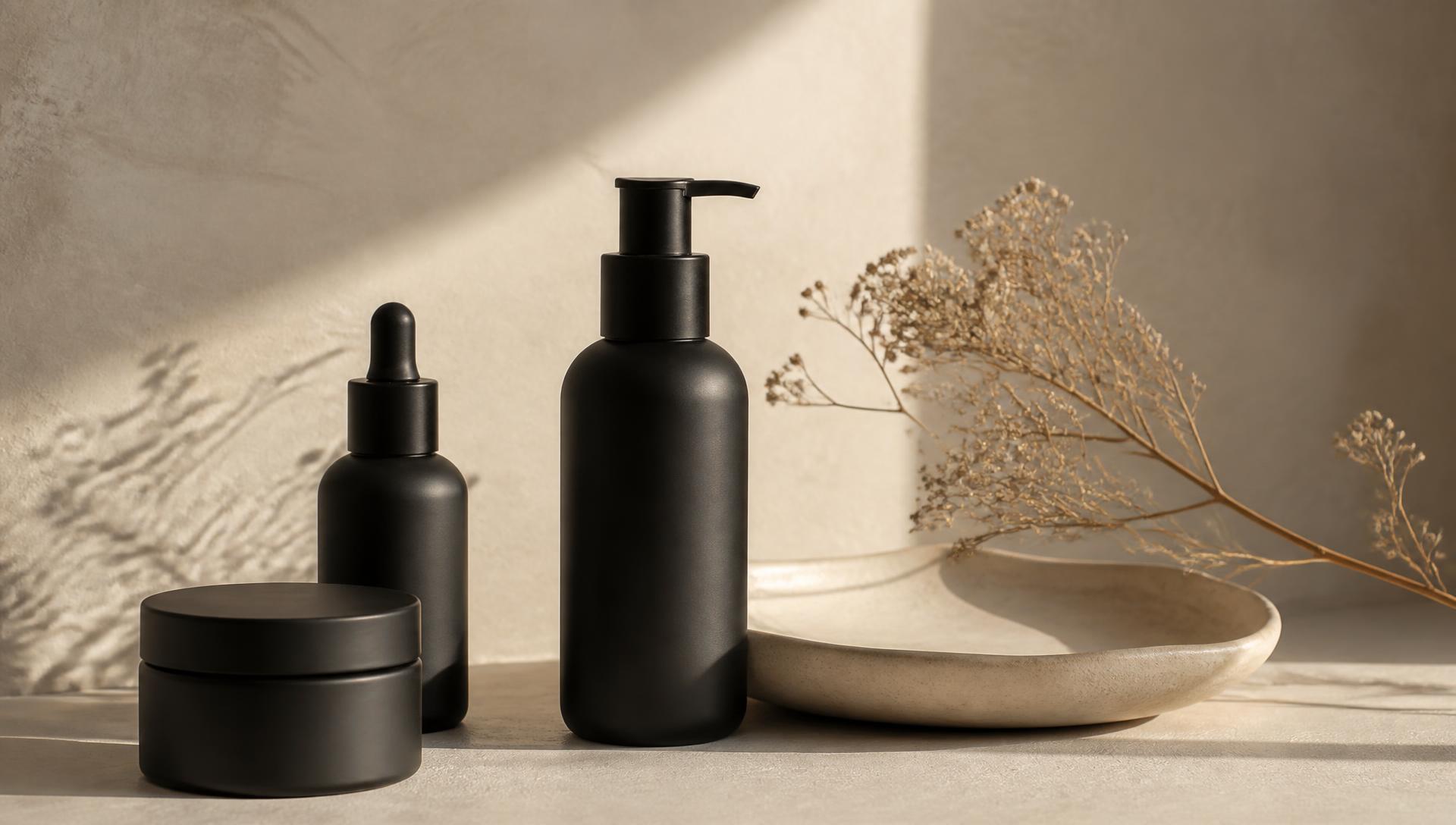 Matte black HELM bottles arranged on a warm ivory surface