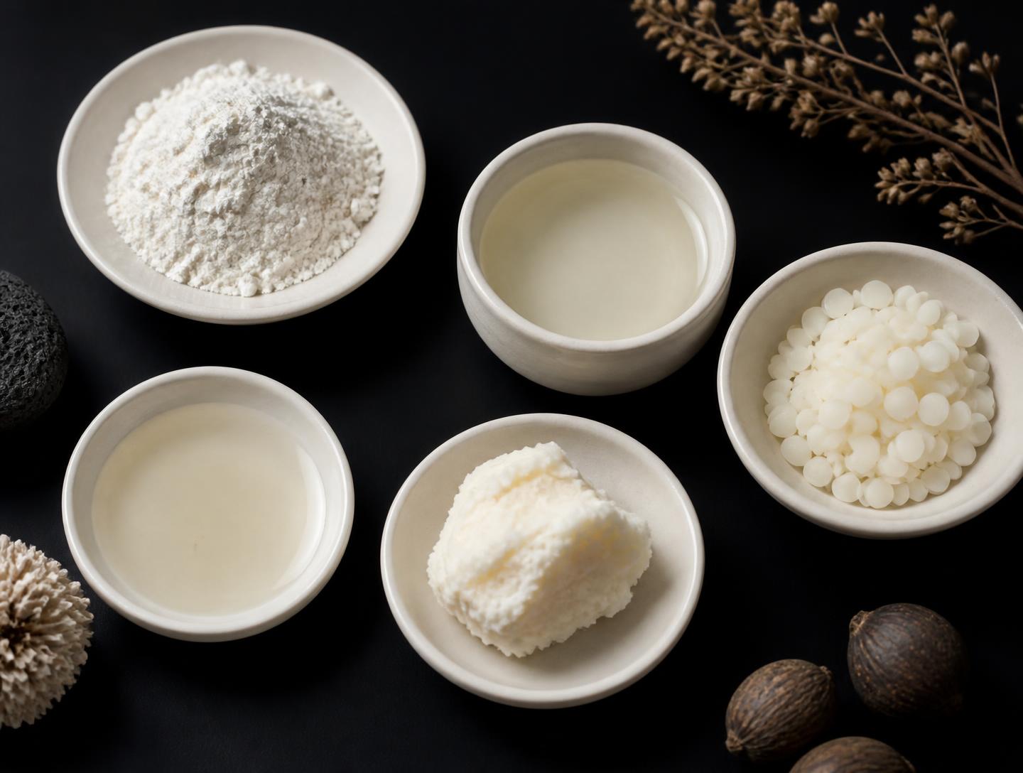 Raw cosmetic base materials in ivory dishes on a matte black surface