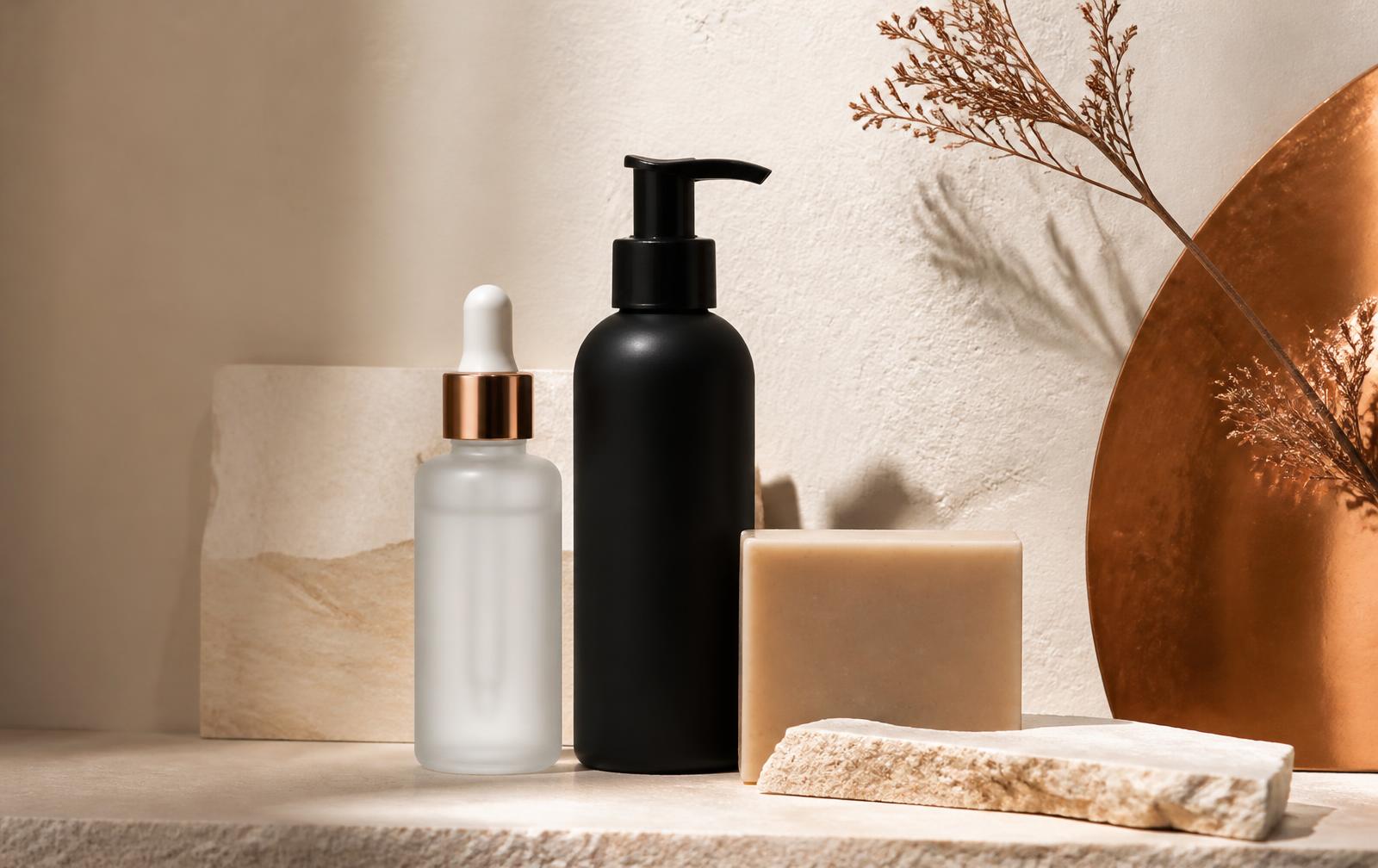 HELM skincare: frosted glass serum dropper, matte black cleanser, and cleansing bar